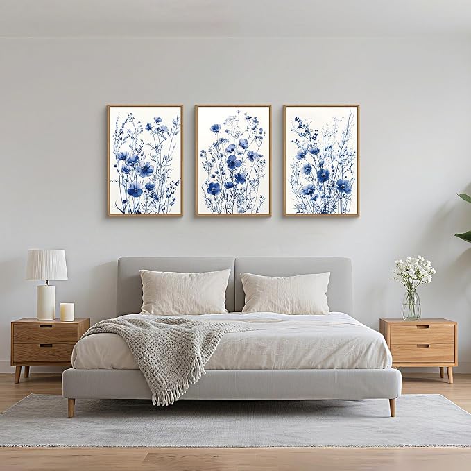 FWIEXA Blue White Wildflower Canvas Wall Art Set of 3, Framed Navy Chinoiserie Watercolor Botanical Pictures Wall Decor, Minimalist Floral Paintings Artwork, 16x24In Florals Prints for Living Room, Bedroom, Bathroom