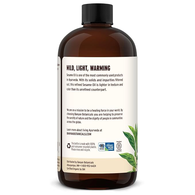 Banyan Botanicals Refined Sesame Oil – Organic Sesame Oil for Skin, Body, Hair & More – Multiple Sizes – 24 oz – Non GMO Sustainably Sourced Vegan