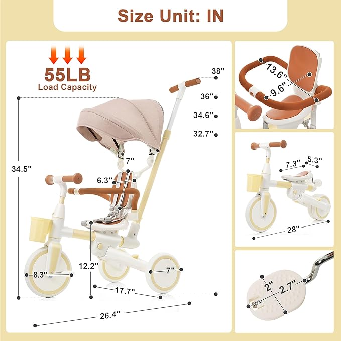 Kids Tricycle with Adjustable Pedals, Removable Canopy Cup Holder Safe, Portable Toddler Bike Age 18-72 Months