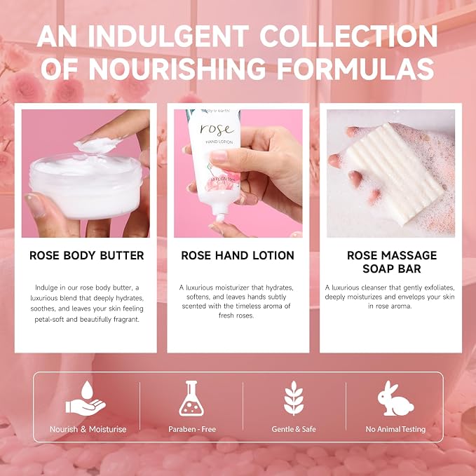 Bath and Body Gift Set for Women, Body & Earth 5 Pcs Rose Spa Gifts for Women, Self Care Kit, Lotion Set for Her, Birthday, Christmas Presents for Mom, Wife, girlfriend