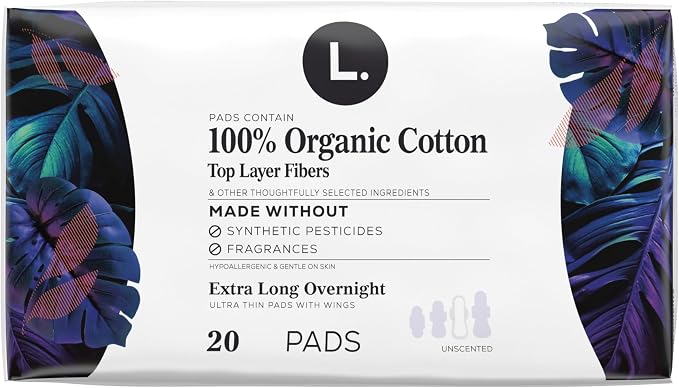Ultra Thin Pads for Women, Organic Cotton Top Layer, Extra Long Overnight Absorbency, Menstrual Pads with Wings, Made Without Synthetic Pesticides and Fragrances, 20 Count
