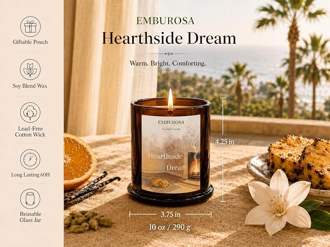 Vanilla Rum & Sunlit Citrus Scented Jar Candle, Warm Fruity Aroma for Relaxing Home, Luxury Aromatherapy Candle with Soy Blend Wax, 10oz / 60H, EMBUROSA