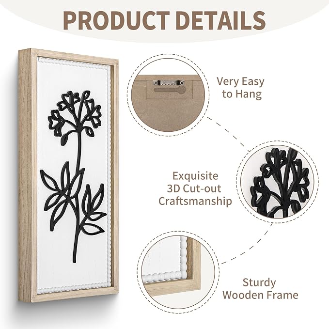 White Floral Bathroom Wall Decor Set of 4, Wood-Framed 3D Gallery Wall Art | Raised floral cutouts in rectangular frames, ready to hang; neutral boho farmhouse gallery decor for bedrooms and hallways