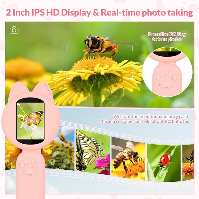 Mafiti Microscope for Kids Mini Pocket Handheld Kids Microscope Educational Science Kit Toys Xmas/Birthday Gifts for Aged 3-12 Girls Boys,Pink