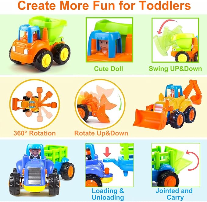 Push and Go Friction Powered Cars Construction Vehicles Toy Set Tractor Bulldozer Mixer Truck Dumper for 1 2 3 Year Old Baby Toddlers Boys Gifts