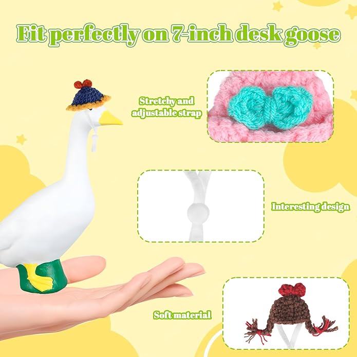 6PCS Mini Knitted Goose Hat with Adjustable Strap,Magnetic Desk Goose Outfits 7 inches,Mini Hat for Statue Keychain Holder,Small Headware for Decoration