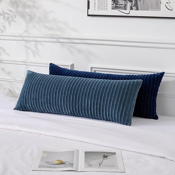 UGASA 14x36 Inch Pillow Cover Pack of 1 Soft Boho Stripe Corduroy Large Long Rectangle Lumbar Cushion Case Farmhouse Decorative Throw Pilowcase for Bed, Couch, Sofa, Bedroom, Living Room, Navy Blue