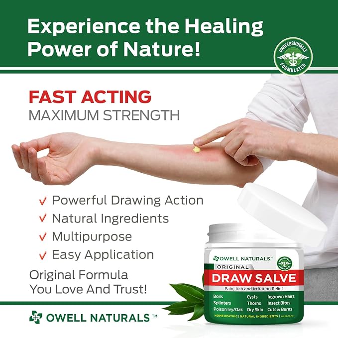 OWELL NATURALS Drawing Salve Ointment for Boil & Cyst Removal, Deep Ingrown Hair, Splinter Remover, Bug Spider Bites, Bee Sting, Mosquito Itching, Poison Ivy, 2 fl Oz (Pack of 2)