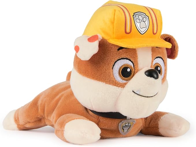 Paw Patrol GUND Rubble Plush, Official Lounging Rubble Plush Toy, Weighted Stuffed Animal, Sensory Toy for Ages 1 and Up, 8”