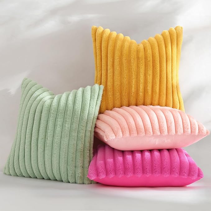 decorUhome Fall Faux Fur Throw Pillow Covers 22x22 Set of 2 Mustard Yellow | Decorative Soft Cozy Striped Plush Modern Farmhouse Boho Couch Pillow Cases Velvet Back for Sofa Bed Living Room Home Decor