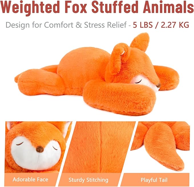 Niuniu Daddy 24" | 5 Pound Fox Weighted Stuffed Animals, Large Fox Sensory Body Pillow Plush Toy, Weighted Lap Animals with Adults Kids & Soft Squishy Fur for Christmas