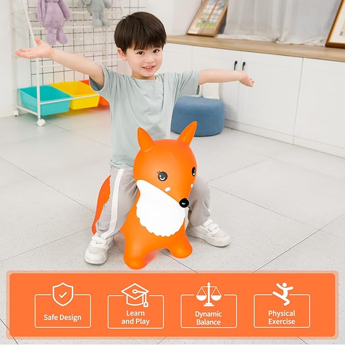 INPANY Fox Bouncy Horse Hopper Toys, Toddlers Bounce Zoo Animal Toys, Inflatable Hopping Horse Buddies, Ride on Rubber Bouncer, Outdoor Indoor Baby Birthday Gifts Toy for 2 3 4 Year Old Girls Boys