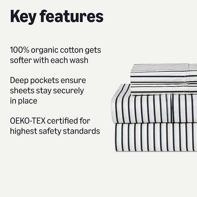 Amazon Basics 100% Organic Cotton Kids' Sheet Set with Pillowcase, Deep Pockets, Certified for Safety, Softer with Each Wash, Queen, Navy Stripe