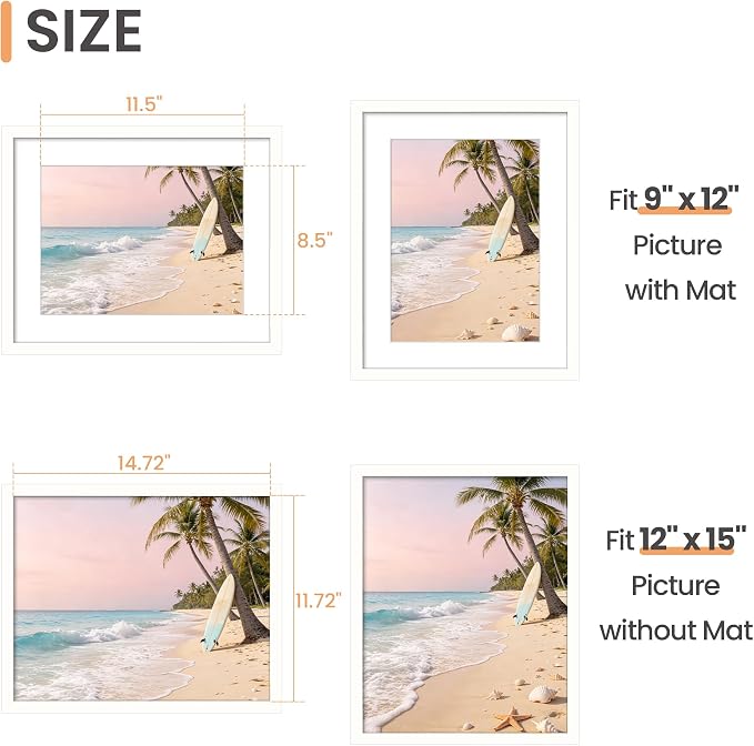 upsimples 12 x 15 Frame, Display Pictures 9x12 with Mat or 12x15 Without, Wall Hanging Photo Frame, White, 1 Pack