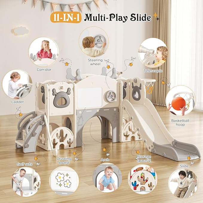 Toddler Slide, 11 in 1 Toddlers Playset New Upgrade with Kids Slide, Drawing Board, Golf Set, Basketball Hoop and Storage Space for Toddler Age 1-3, Backyard Playground Indoor and Outdoor