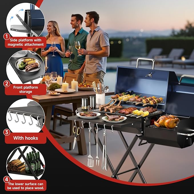 Portable Charcoal Grill with Smoking Function, Foldable Suitcase Design with Wheels, Multi-Tier Storage Rack & Waterproof Cover for Outdoor BBQ Parties (Blue)