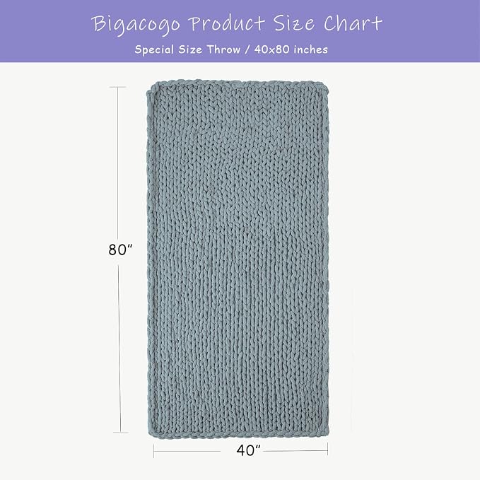 Bigacogo Chunky Knit Throw Blanket for Couch, 40x80 inches, Dusty Blue | Hand Knit with Jumbo Chenille, Soft Breathable Cable Knit for Sofa Bed Living Room, Machine Washable, Gift for Mom Friend