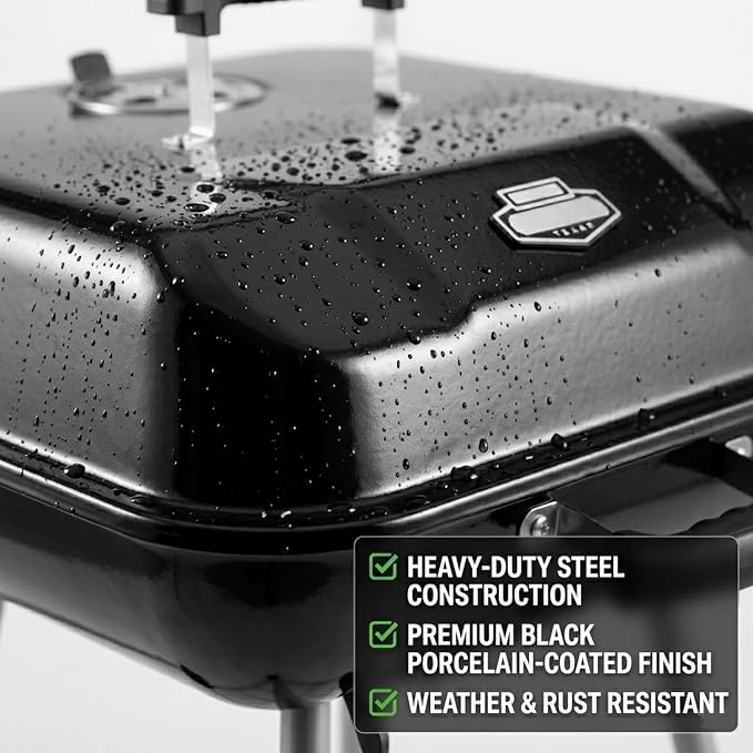 17.5 Inch Square Charcoal Grill with Wheels, Portable Outdoor BBQ Kettle Grill for Patio and Backyard Cooking, Porcelain-Coated Steel Grates and Adjustable Dampers, 302 Sq In Cooking Area, Black