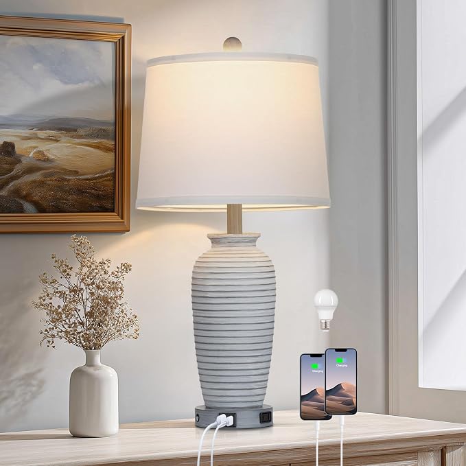 CINSARY 25" Vintage Farmhouse Jar Table Lamps, Single Rustic Bedside Lamp with USB A+C Ports & AC Outlet, Nightstand Lamps for Living Room, Bedroom, End Table, Grey White(LED Bulb Included)