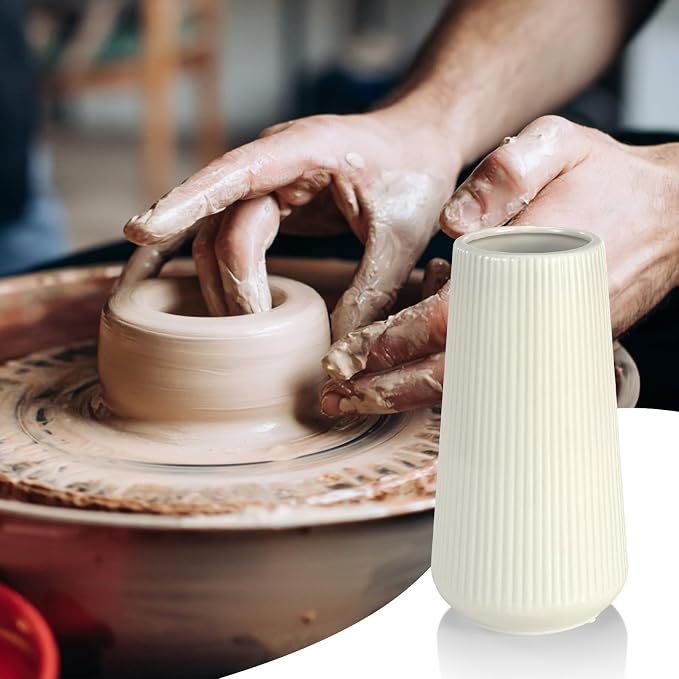 Beige Ceramic Vase, GUKJOB Small Cute Flower Vase for Pampas Grass, Home, Living Room, Dining Table, Farmhouse, Office Decor, Bedroom, Table, and Kitchen Shelf (Beige)