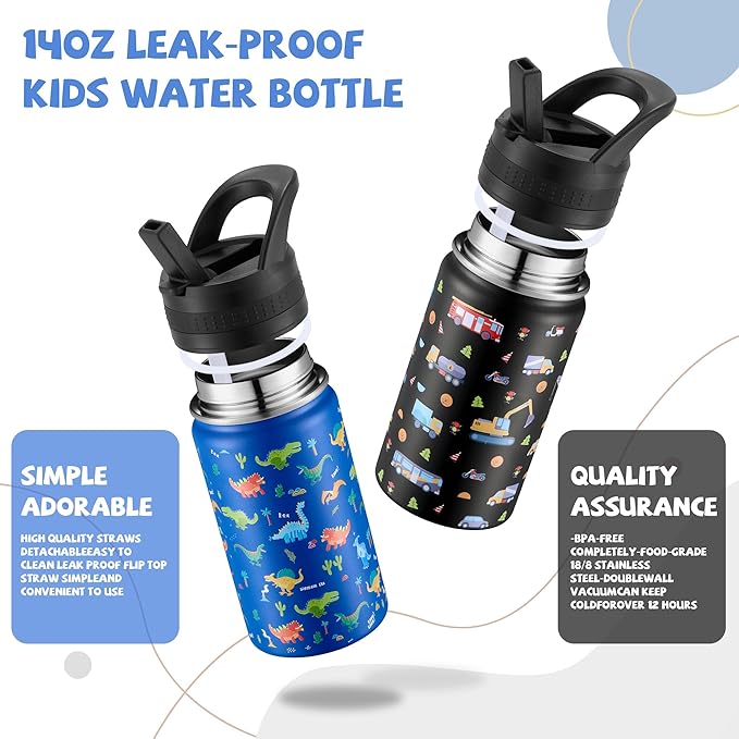 2 Pack Kids Water Bottle,14oz Stainless Steel Insulated Water Tumbler Leak-Proof,School Water Mug,Small and Portable,Suitable for Boys and Girls to Use(Black car + Blue dinosaur)