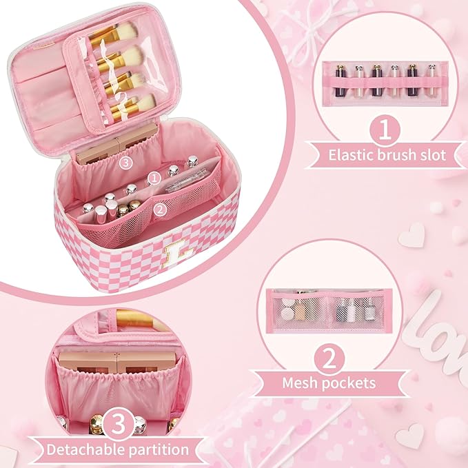 OCHEAL Makeup Bag Valentines Day Gifts for Women, Monogram Cosmetic Bag Pink Travel Makeup Case Beauty Toiletry Bag Organizer Personalized Gifts for Girls Bridesmaid, Sister, Wife, Friends Initial L
