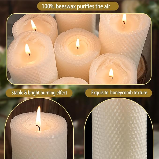 2 Pack Beeswax Pillar Candles, White Hand-Rolled Beeswax Candles-90 Hours Long Burning, Handcrafted Honeycomb Bees Wax for Home, Bee Themed Gifts for Candle Lovers (2.8x6 in)