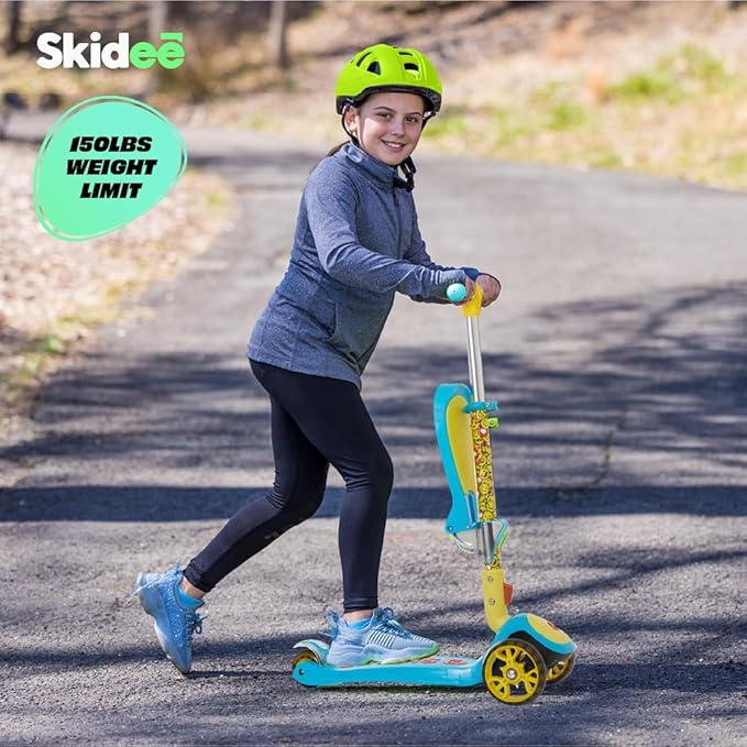 SKIDEE Kick Scooter for Kids Foldable 3 Wheel Scooter with Lean-to-Steer, Adjustable Height, Removable Seat & LED Light Wheels | Toddler Scooter Up to 12 Year Old Boys/Girls