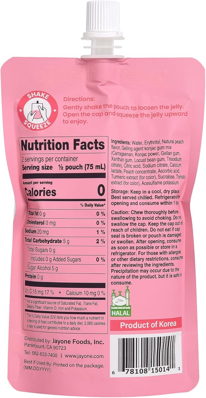 Jayone Drinkable Konjac Jelly Pouch - Peach Flavor, 10 Pack 5.07 fl oz Each - Zero Sugar, Only 7 Calories per Pouch, Halal, Made in Korea