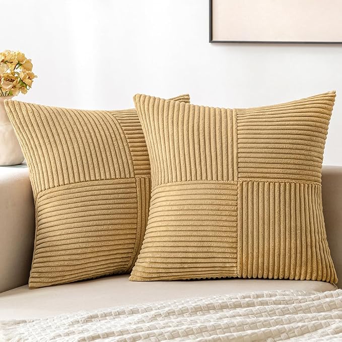 MIULEE Cream Yellow Decorative Throw Pillow Covers for Couch 18x18 Inch | 2 Pack, Boho Farmhouse Pillow Covers, Soft Cross Corduroy Patchwork Textured Cushion Cases For Bed Sofa