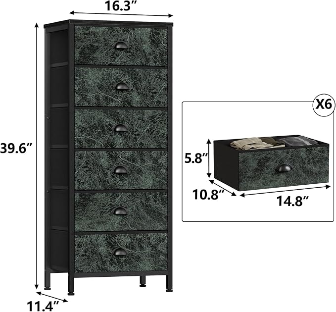 Dresser for Bedroom, 6 Drawer Tall Storage Tower Unit and Chest | Vintage Green Fabric Drawer Organizer in Dorm, Vertical Tall Nightstand Furniture in Living Room,Closet, Metal Frame,Wood Top