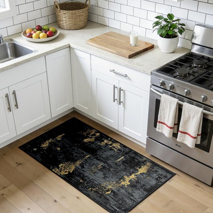 RELEANY Washable 2'x4' Abstract Area Rug for Living Room Black Gold | carpet for bedroom, kitchen, office, hallway and entryway, printed pattern, non-slip, soft, stain-resistant, easy to clean