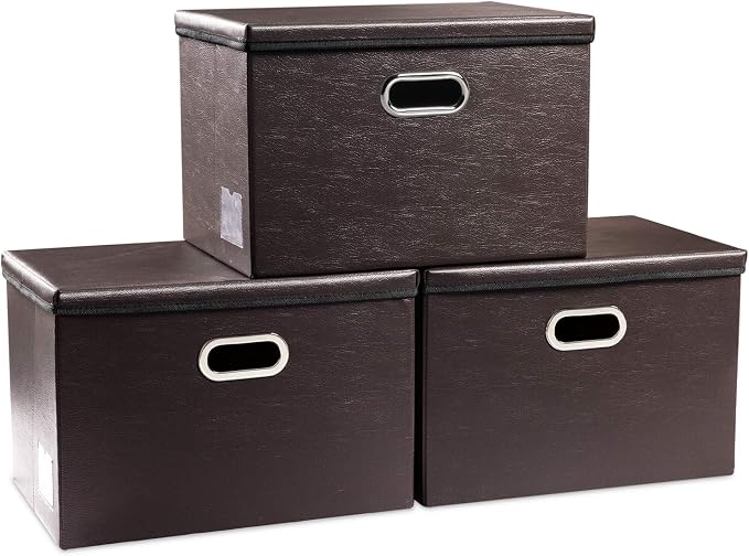 Large Foldable Storage Bins with Lids [3-Pack] Leather Fabric Collapsible Storage Boxes Organizer Containers Baskets Cube with Cover for Home Bedroom Closet Office Brown(17.7x11.8x11.8)