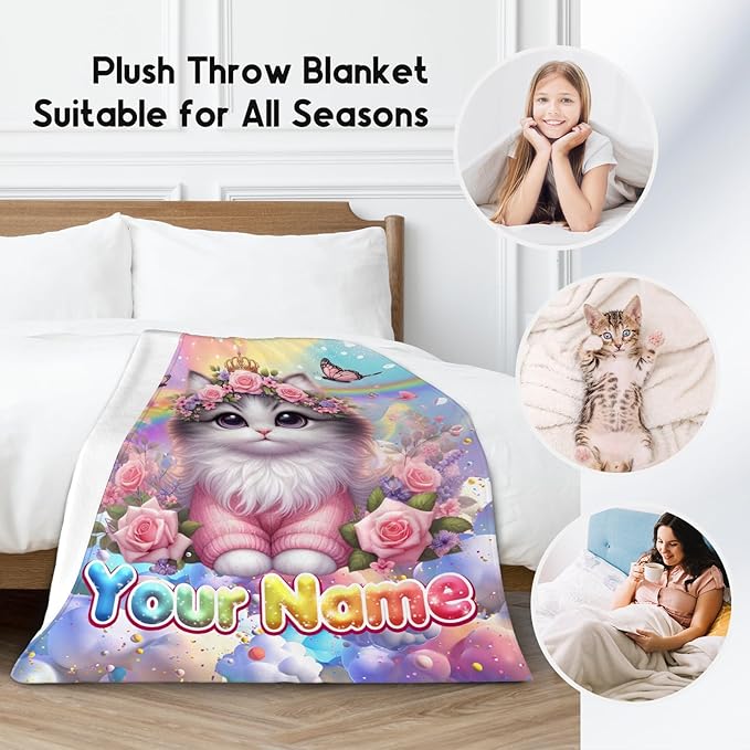 Kids Blankets - Personalized Blanket with Cat - 4 Sizes Cozy Soft Flannel Throw Gifts for Couch, Bedroom