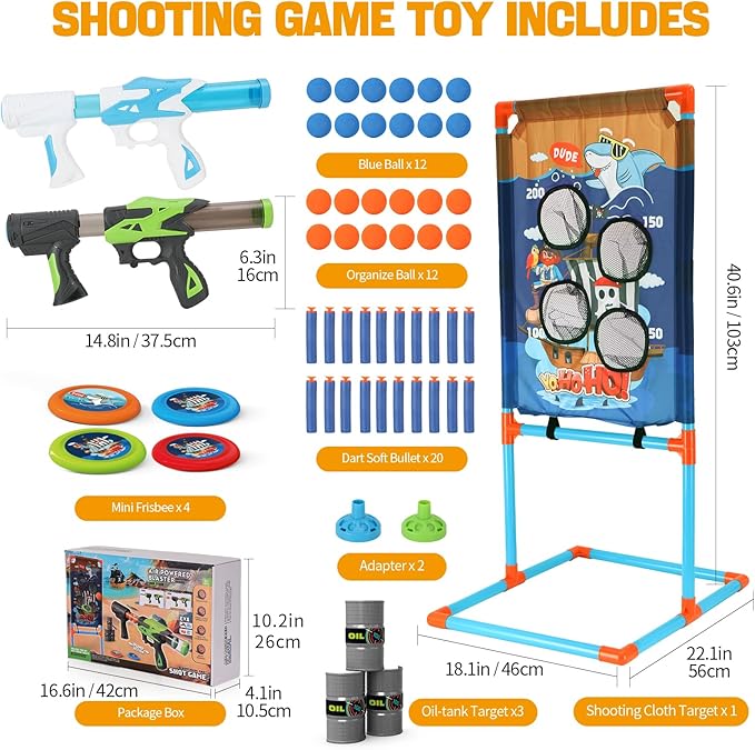 Shooting Games Toy for Age 5 6 7 8 9 10+ Boys Kids Sports & Outdoor Play Toys with Player Air Guns, Shooting Target, 24 Foam Balls, Foam Darts, Oil-Tank Targets, Flying Discs Gifts for Boys