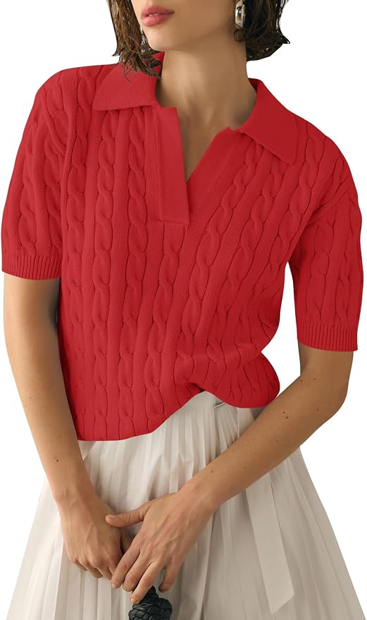 Micoson Womens Short Sleeve Sweater Tops Lapel V Neck Polo Shirts 2026 | Summer Cable Knit Loose Blouses, Business Casual Outfits