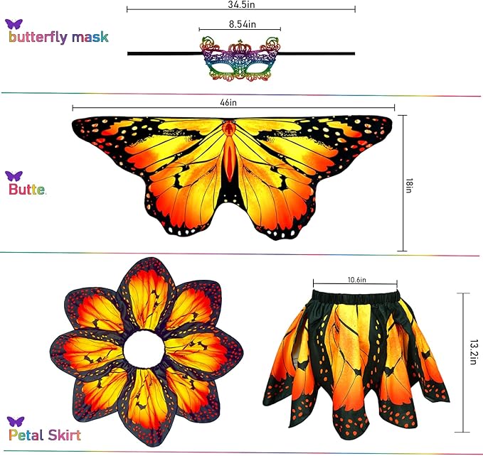 Kids Butterfly Wings Costume for Girls Fairy-Wings Toddler Dress Up Play Costumes Butterfly Skirt Set Mask Party Favors Gifts(Orange+skirt sets)