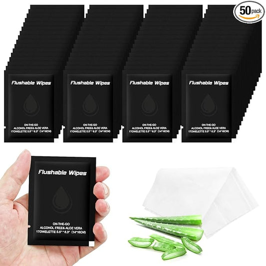 50 Flushable Wipes Travel Size Individually Wrapped for Women and Men | Unscented Wet Wipes Travel Size with Aloe Vera,Pure Water,Alcohol Free for Adult,Women,Men,Girl and Homeless(Black)