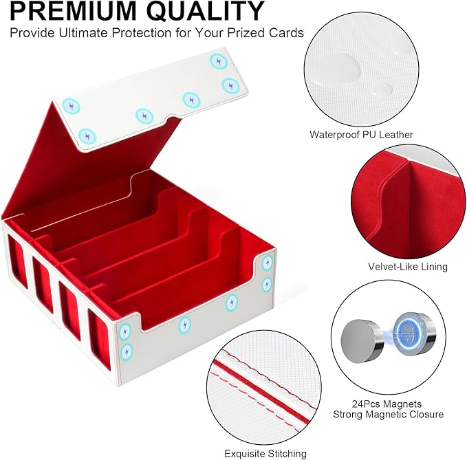 GEAoffice Trading Card Storage Box with Commander Display, 3200+ Card Deck Case with Magnetic Removable Lid, 4-Row Deck Box for MTG/TCG/Sports/Games, 10 Stoppers, 24 Dividers, 1 Dice Tray, White Red