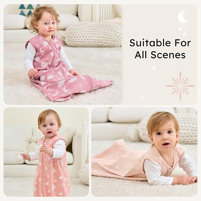 Baby Sleep Sack 12-18 months, 100% Cotton Sleeping Sack for Toddler, 3 Pack Baby Wearable Blanket, 0.5 Tog Lightweight Double Zipper Sleep Bag Large Pink Stars Moon