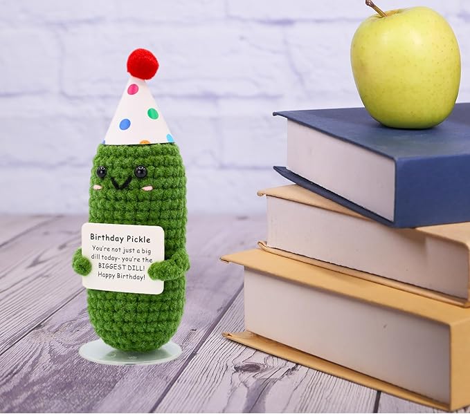 Birthday Pickle with Stand. Emotional Support Crochet Gift. Happy Birthday Gifts for Women, for Her. Present for Mom. Funny Gag Gift for Friends.