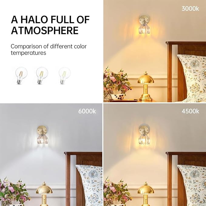 Shenmoyl Vintage Wall Sconces with Amber Tulip Glass Lampshade 180 Degree Adjustable Brass Sconces Hradwired Modern Wall Lighting Fixture with Switch for Bedside Bedroom Doorway
