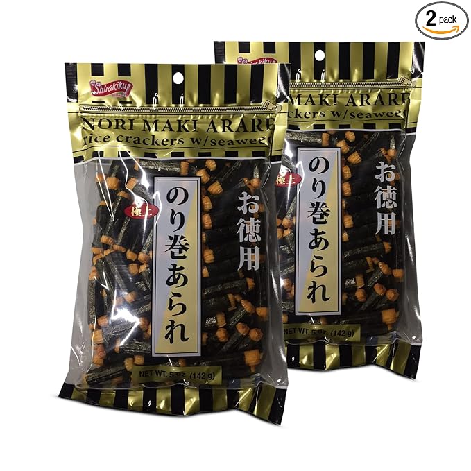 Shirakiku Japanese Nori Maki Arare Rice Crackers with | Glutinous Rice, Soy Sauce, Wheat, and Seaweed | Crispy and Savory Cracker Snacks, Seaweed Flavor, Pack of 2-5oz Each (Total 10oz)