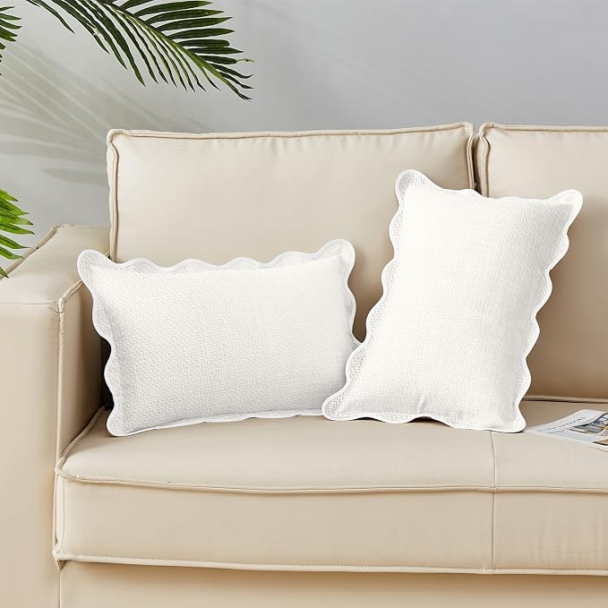 Scalloped Pillow Covers Set of 2 for Living Room | Spring Decorative Sofa Couch Lumbar Pillows | Boho Sytle Decorative Home | Aesthetic Funky Preppy Pillow Cases (Beige & White, 12x20 Inch)