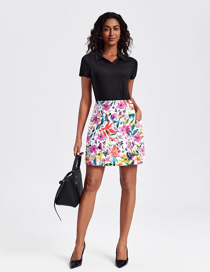 PINSPARK 19" Knee Length Skorts for Woman with Pockets UPF 50+ Golf Skirts | 4 Pockets, Built-in Shorts, High Waisted & Tummy Control, Moisture-wicking for Golf Athletic Tennis Workout Casual