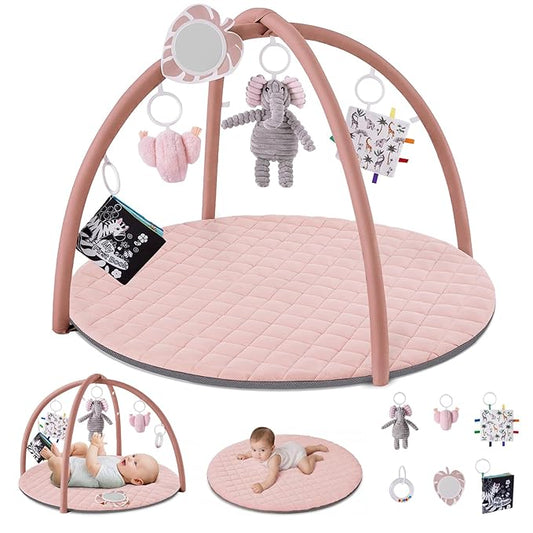 Blissful Diary Baby Play Gym Mat, Tummy Time Activity Mat with 6 Detachable Toys for Skill Development, Baby Essentials Gift, Soft Pink