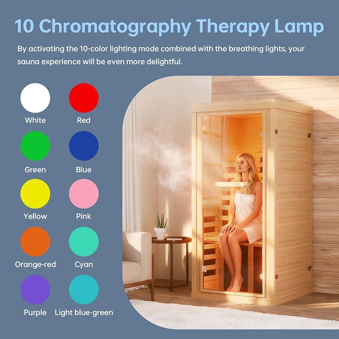 Far Infrared Wooden Sauna Room, 1 Person Traditonal Red Light Sauna, Canadian Hemlock Indoor Dry Sauna Room for Low EMF with Bluetooth Speakers and Control Panel, Whole Glass，32"x 32"x 66"