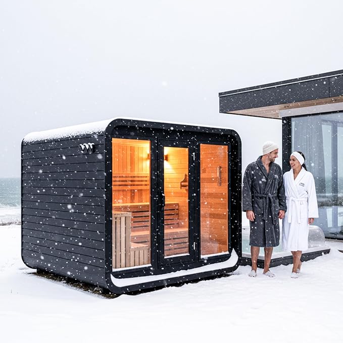 Customize Square Barrel Outdoor Sauna Room with Porch,220V HARVIA Electric Stove or Wood Burning Stove,4-8 Person Canadian Red Cedar Wooden Cube Sauna Kit