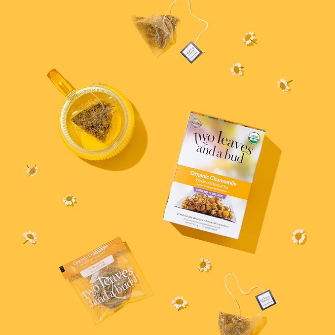 Two Leaves and a Bud Organic Chamomile Tea Bags, Naturally Caffeine Free, Whole Leaf Herbal Chamomile Tea in Pyramid Sachets, 100 Count (Pack of 1)