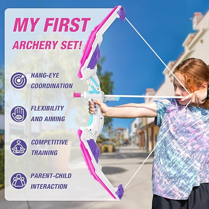 Bow and Arrow for Kids, LED Light Up Archery Set with 12 Suction Cup Arrows, 1 Hanging Target, 3 Score Targets & 1 Quiver, Indoor Outdoor Sport for Boys Girls Ages 4-12, Purple